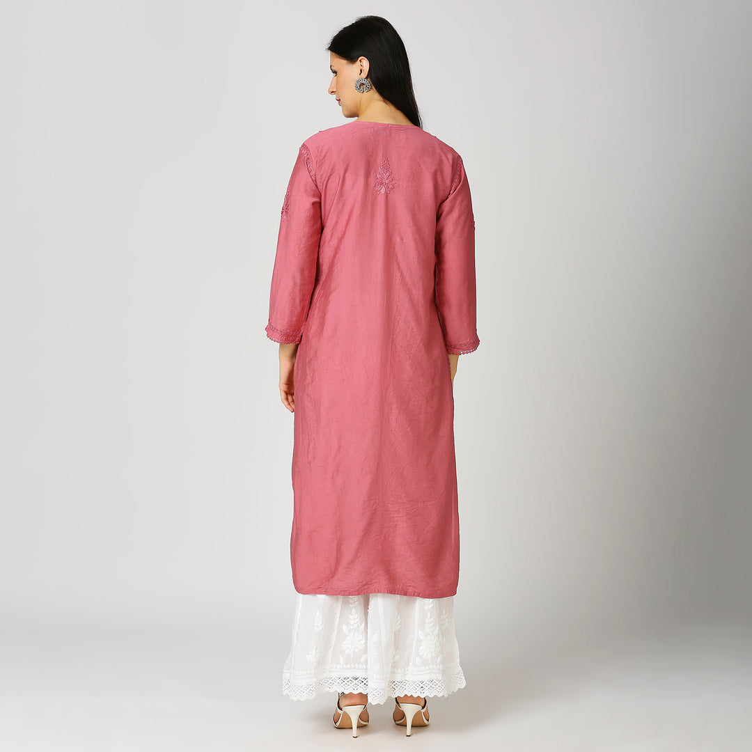 KHUSHBU CHANDERI CHIKANKARI LACE KURTI