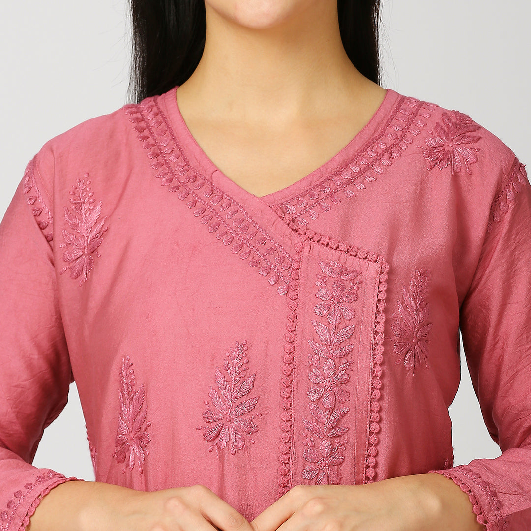 KHUSHBU CHANDERI CHIKANKARI LACE KURTI