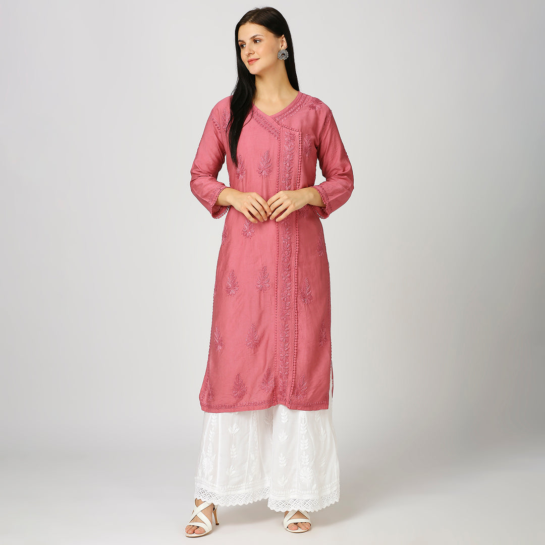 KHUSHBU CHANDERI CHIKANKARI LACE KURTI