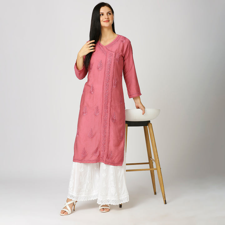 KHUSHBU CHANDERI CHIKANKARI LACE KURTI