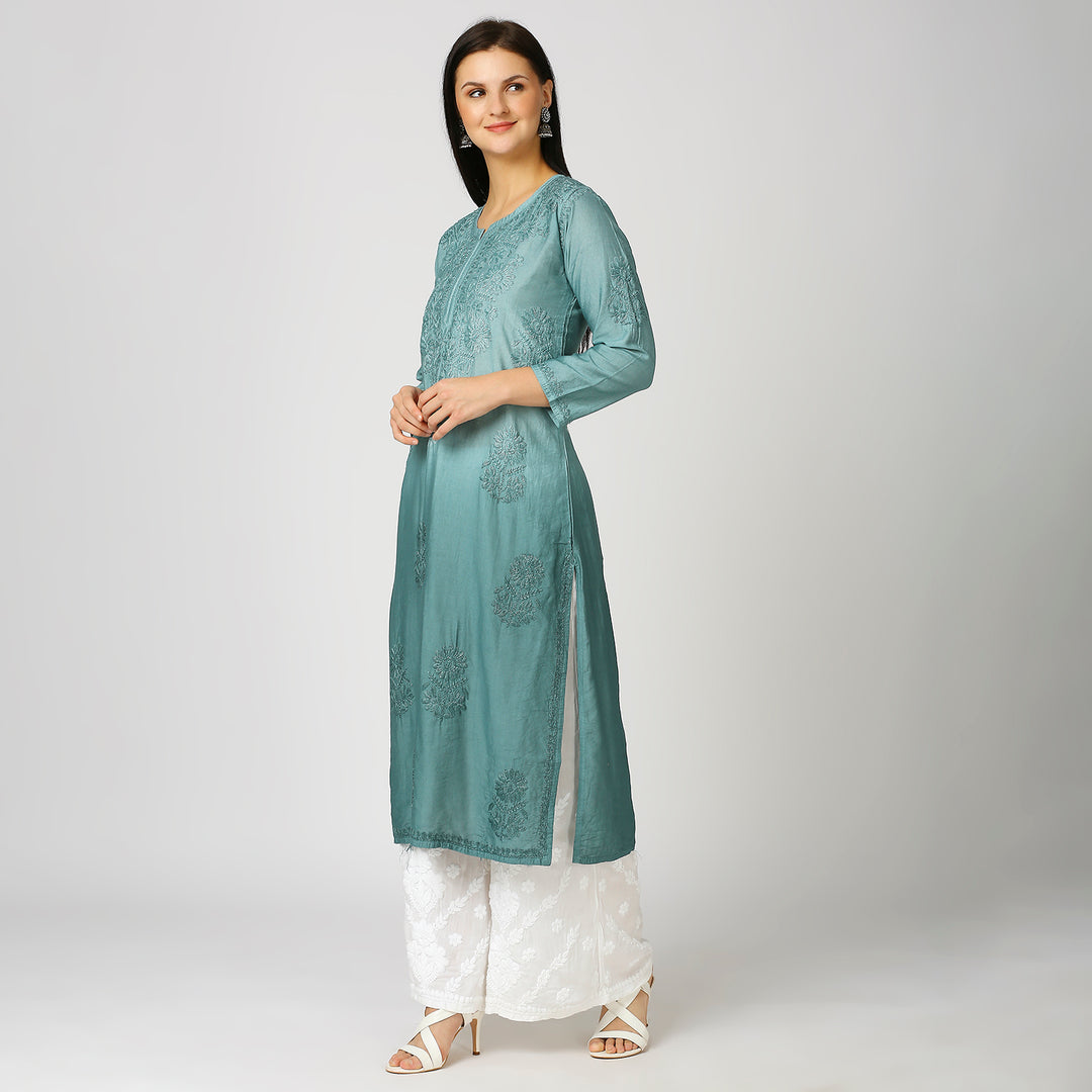 ZIYA CHANDERI CHIKANKARI LONG KURTI