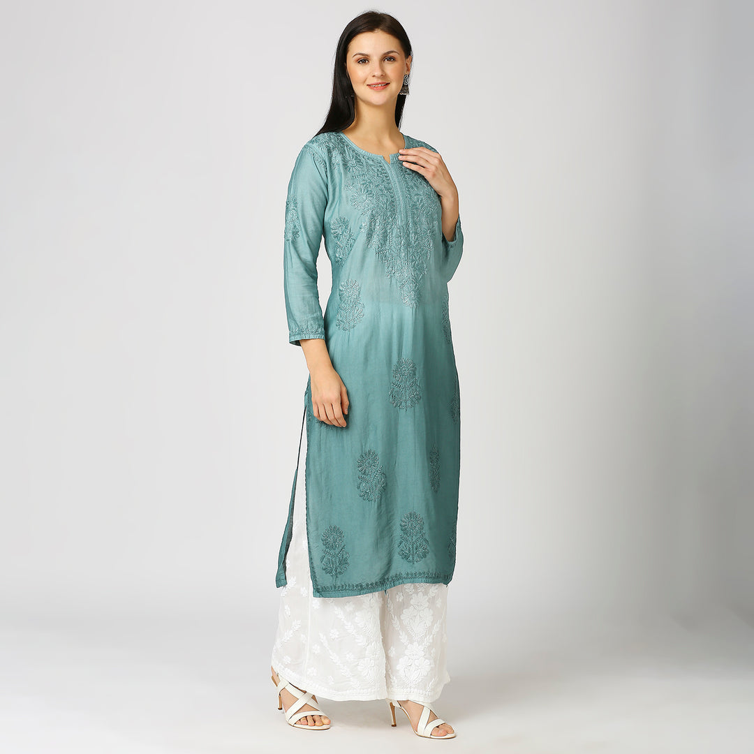 ZIYA CHANDERI CHIKANKARI LONG KURTI