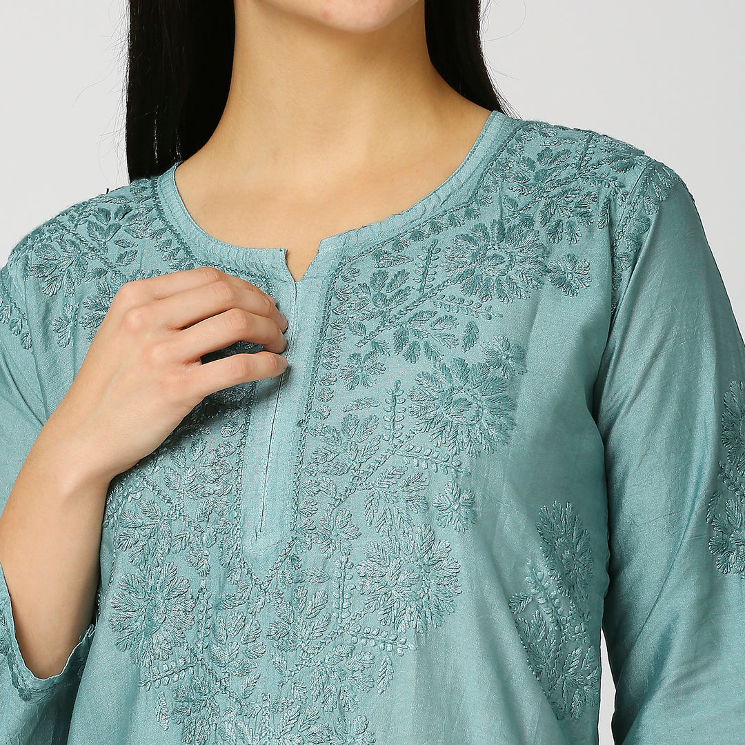 ZIYA CHANDERI CHIKANKARI LONG KURTI