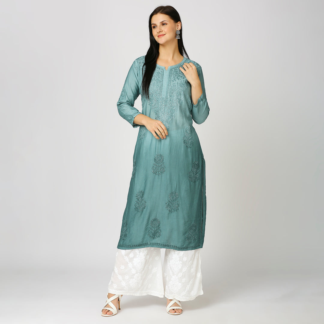 ZIYA CHANDERI CHIKANKARI LONG KURTI