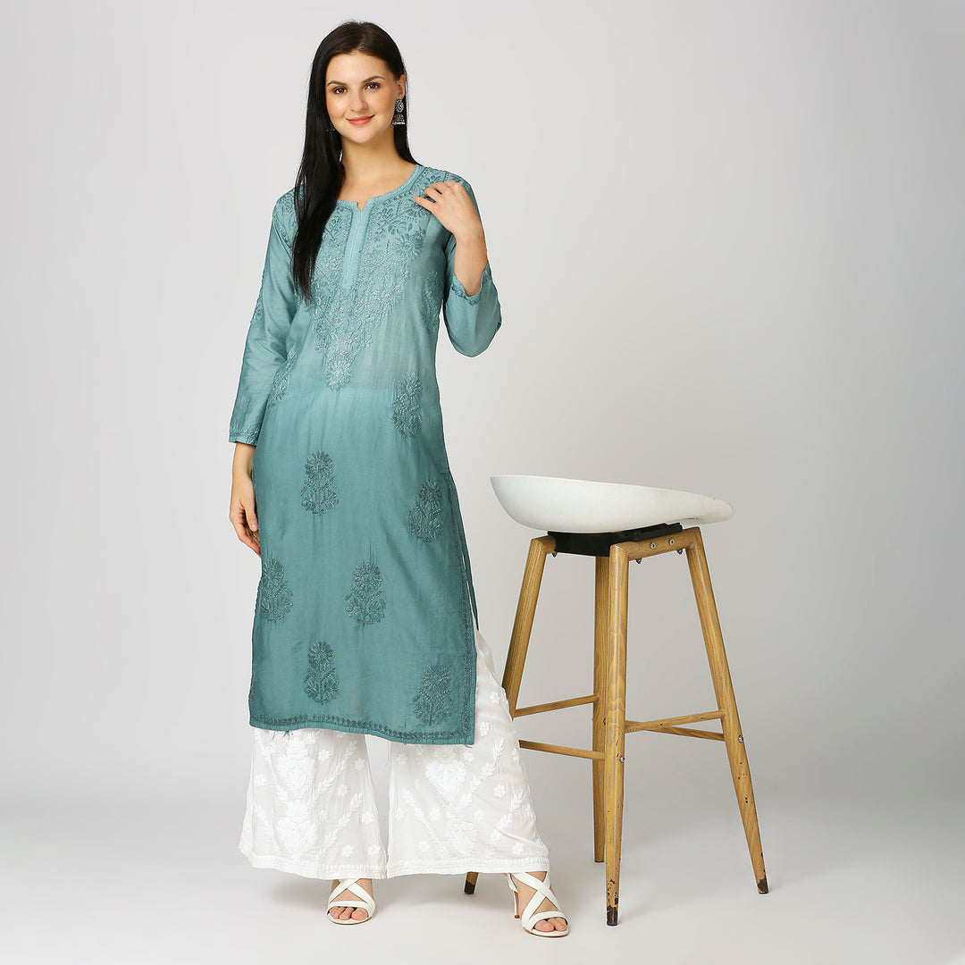 ZIYA CHANDERI CHIKANKARI LONG KURTI