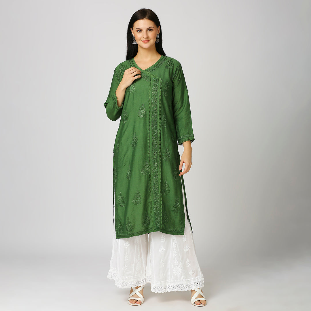 KHUSHBU CHANDERI CHIKANKARI LACE KURTI