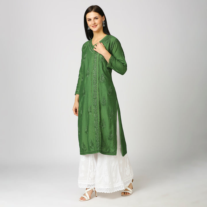 KHUSHBU CHANDERI CHIKANKARI LACE KURTI