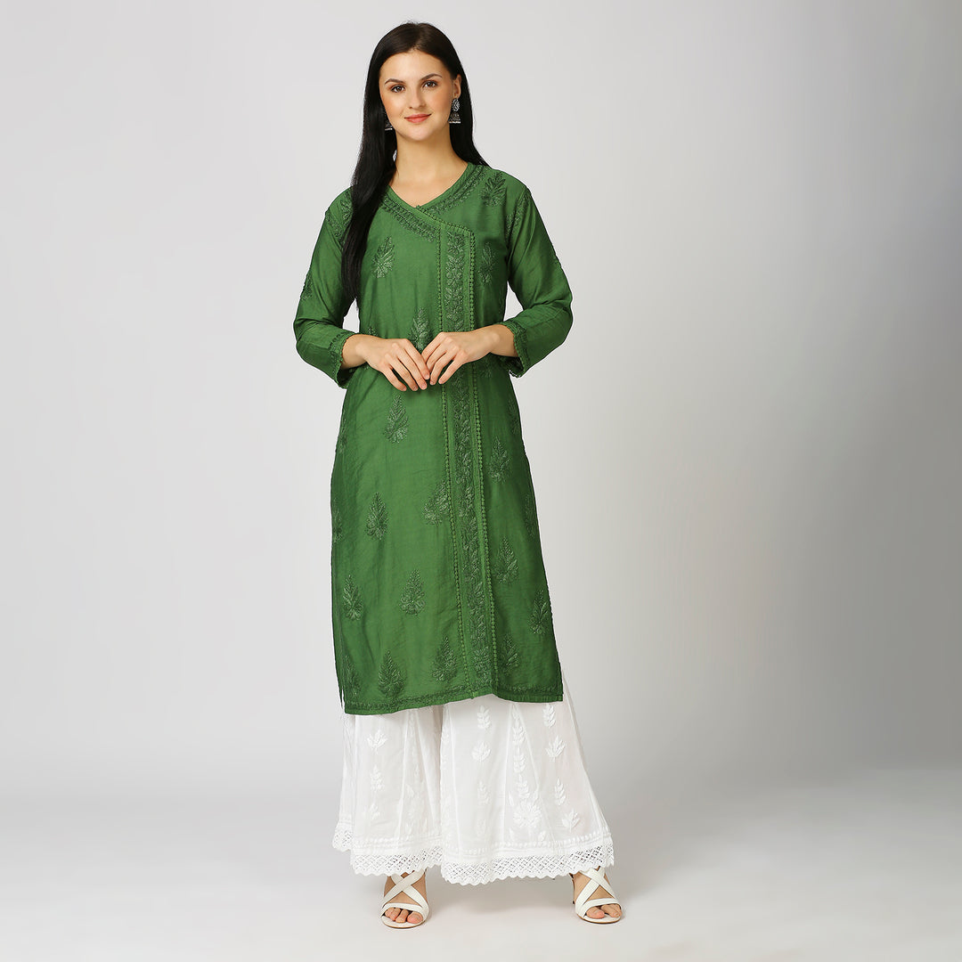 KHUSHBU CHANDERI CHIKANKARI LACE KURTI