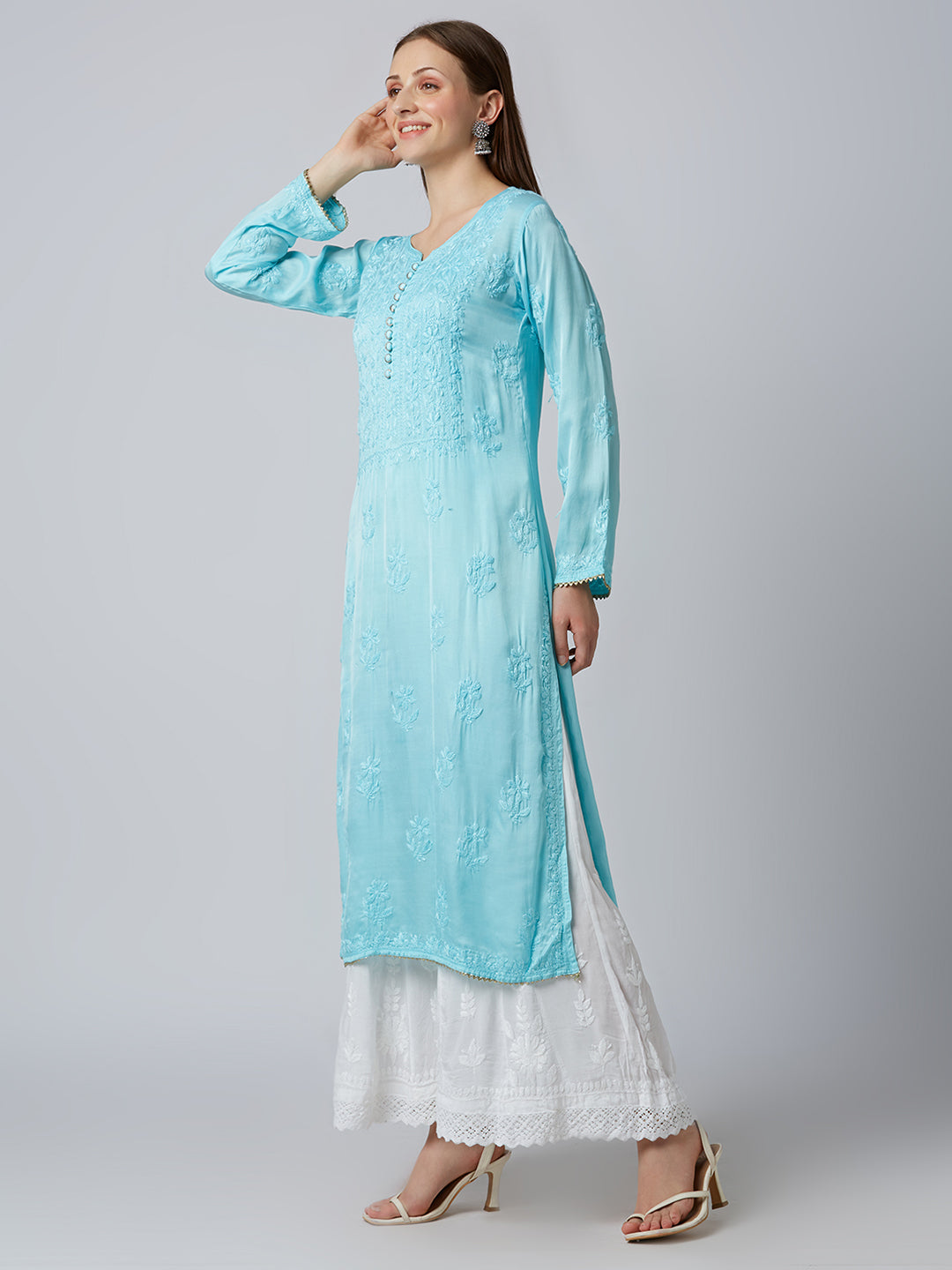 SHAZANA MODAL SATIN CHIKANKARI LONG KURTI