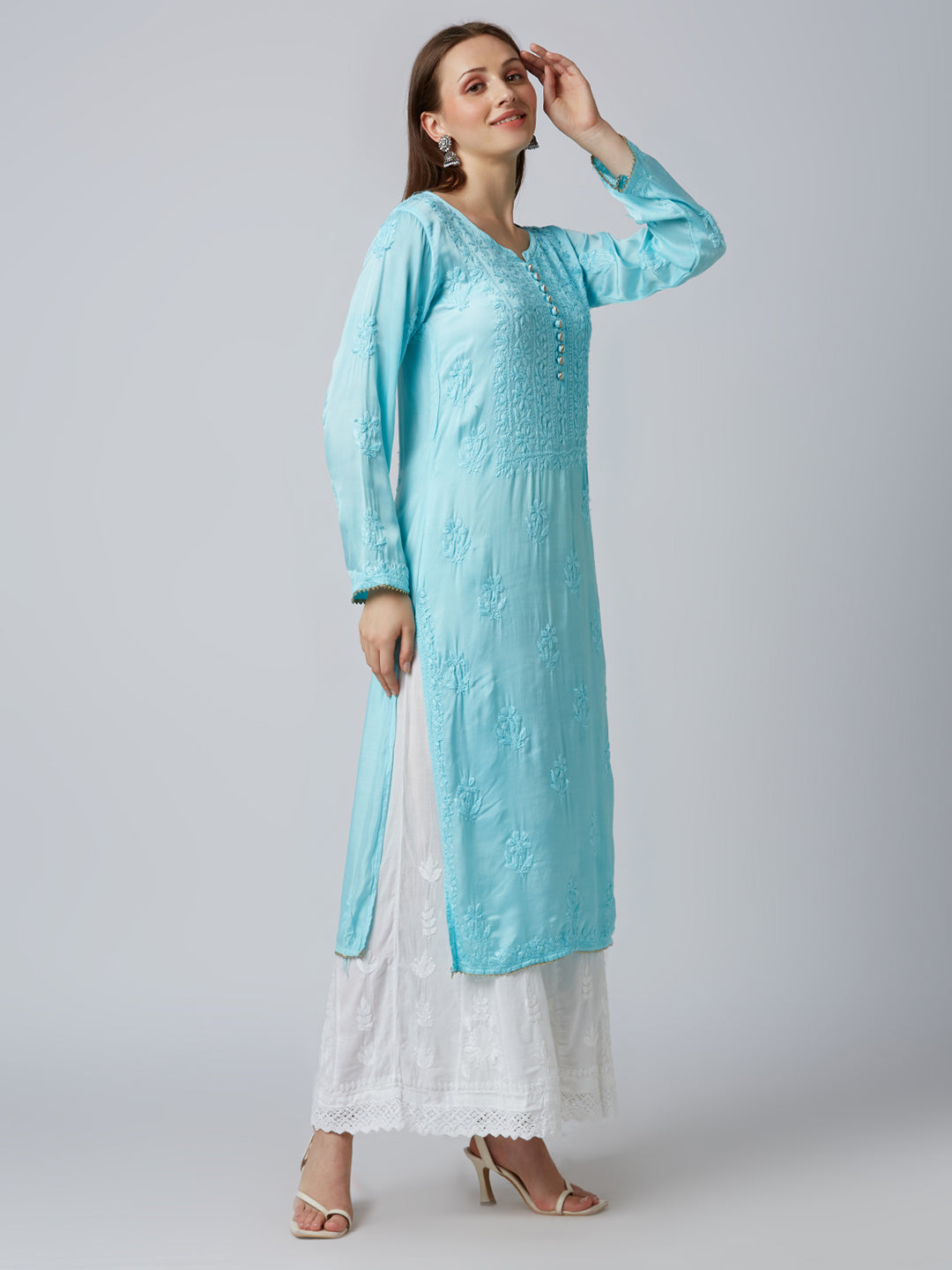 SHAZANA MODAL SATIN CHIKANKARI LONG KURTI