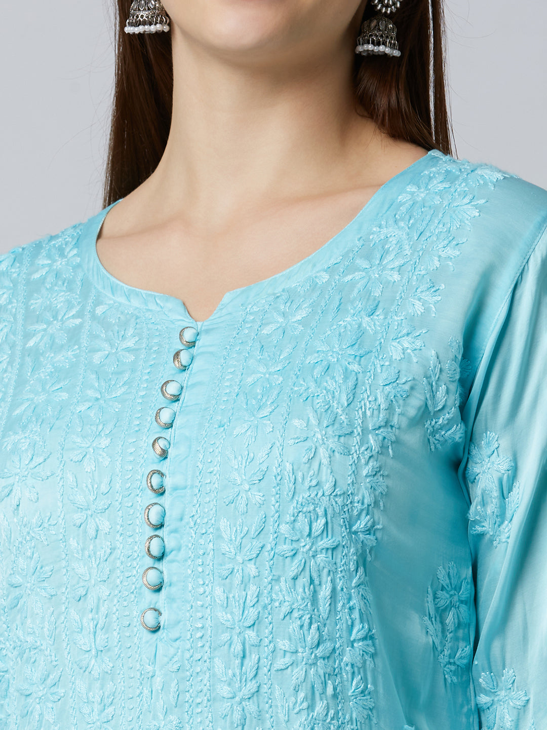 SHAZANA MODAL SATIN CHIKANKARI LONG KURTI