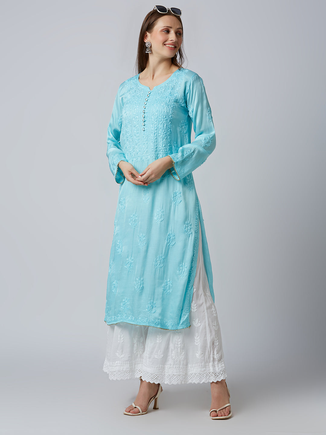 SHAZANA MODAL SATIN CHIKANKARI LONG KURTI