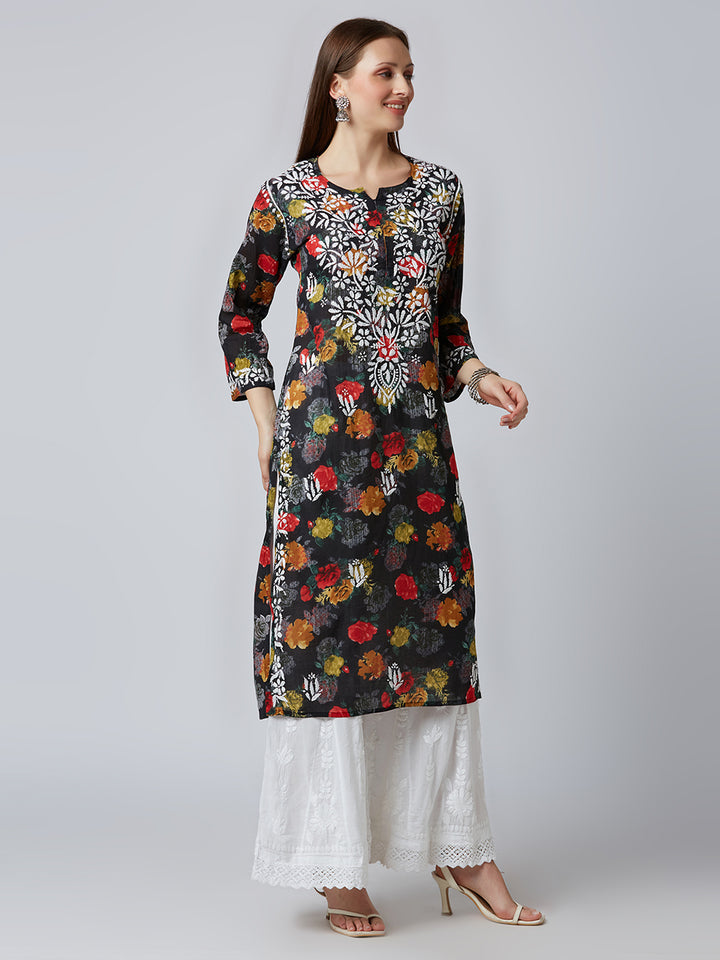 JENNA  MUL CHIKANKARI PRINTED LONG KURTA