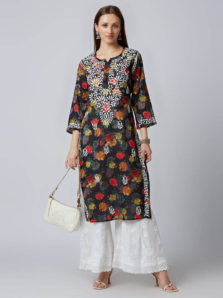 JENNA  MUL CHIKANKARI PRINTED LONG KURTA