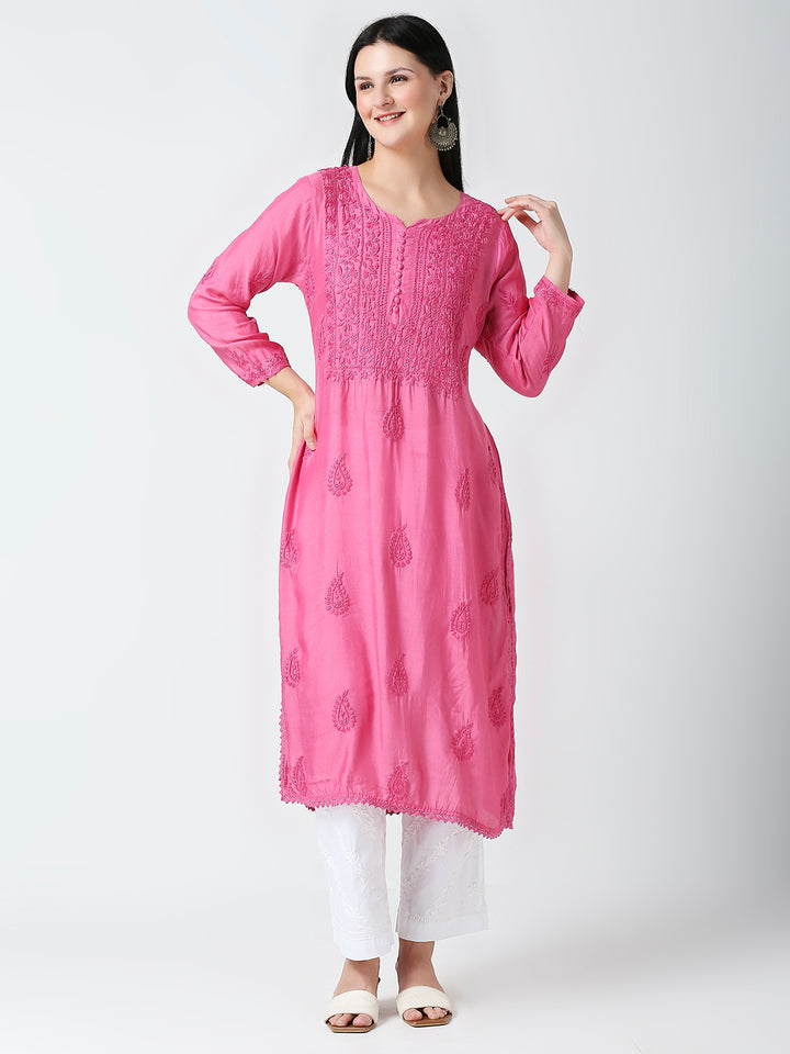 ABEEHA MUSLIN CHIKANKARI LONG KURTI WITH LACE