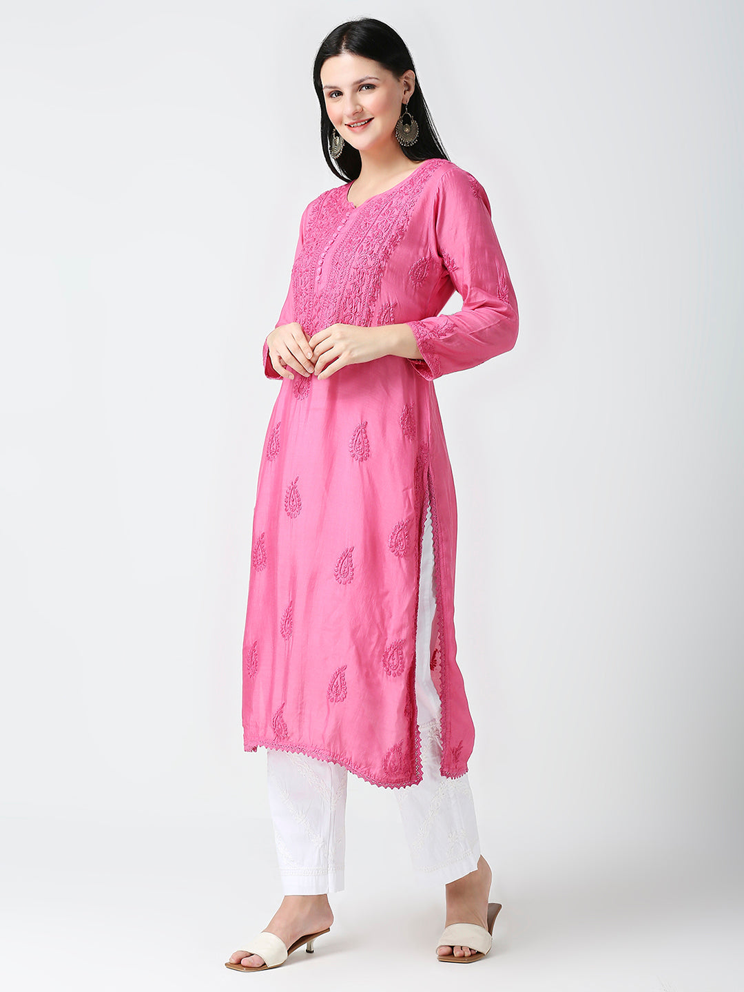 ABEEHA MUSLIN CHIKANKARI LONG KURTI WITH LACE