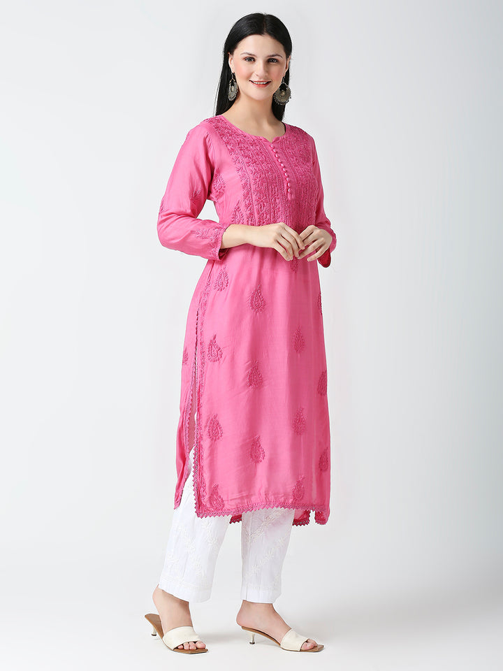 ABEEHA MUSLIN CHIKANKARI LONG KURTI WITH LACE