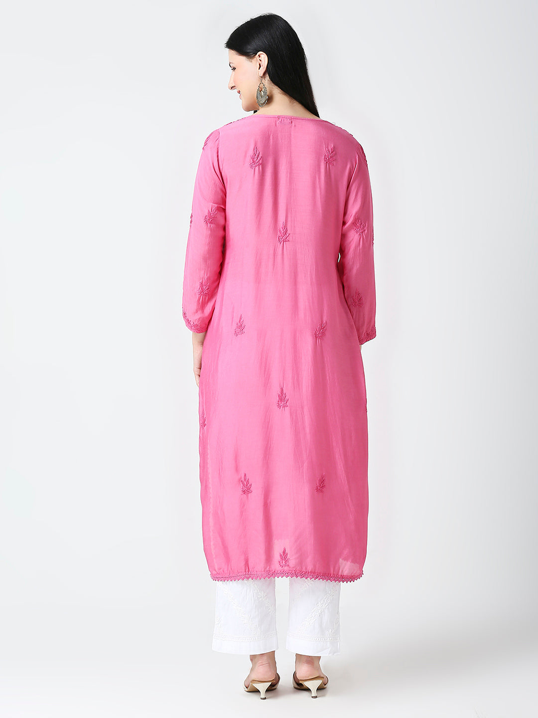 ABEEHA MUSLIN CHIKANKARI LONG KURTI WITH LACE