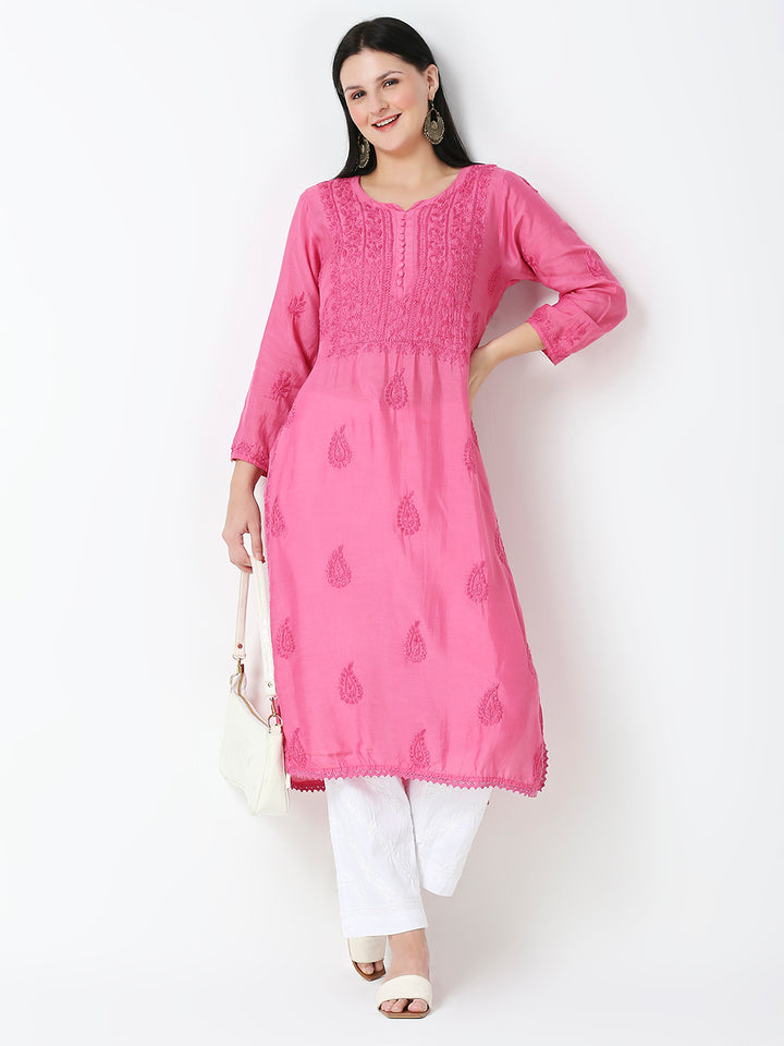 ABEEHA MUSLIN CHIKANKARI LONG KURTI WITH LACE