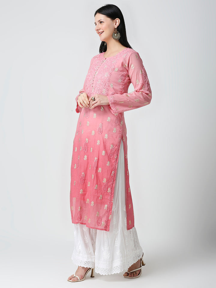 HUMZA CHANDERI CHIKANKARI KURTI WITH BANARASI BUTTI