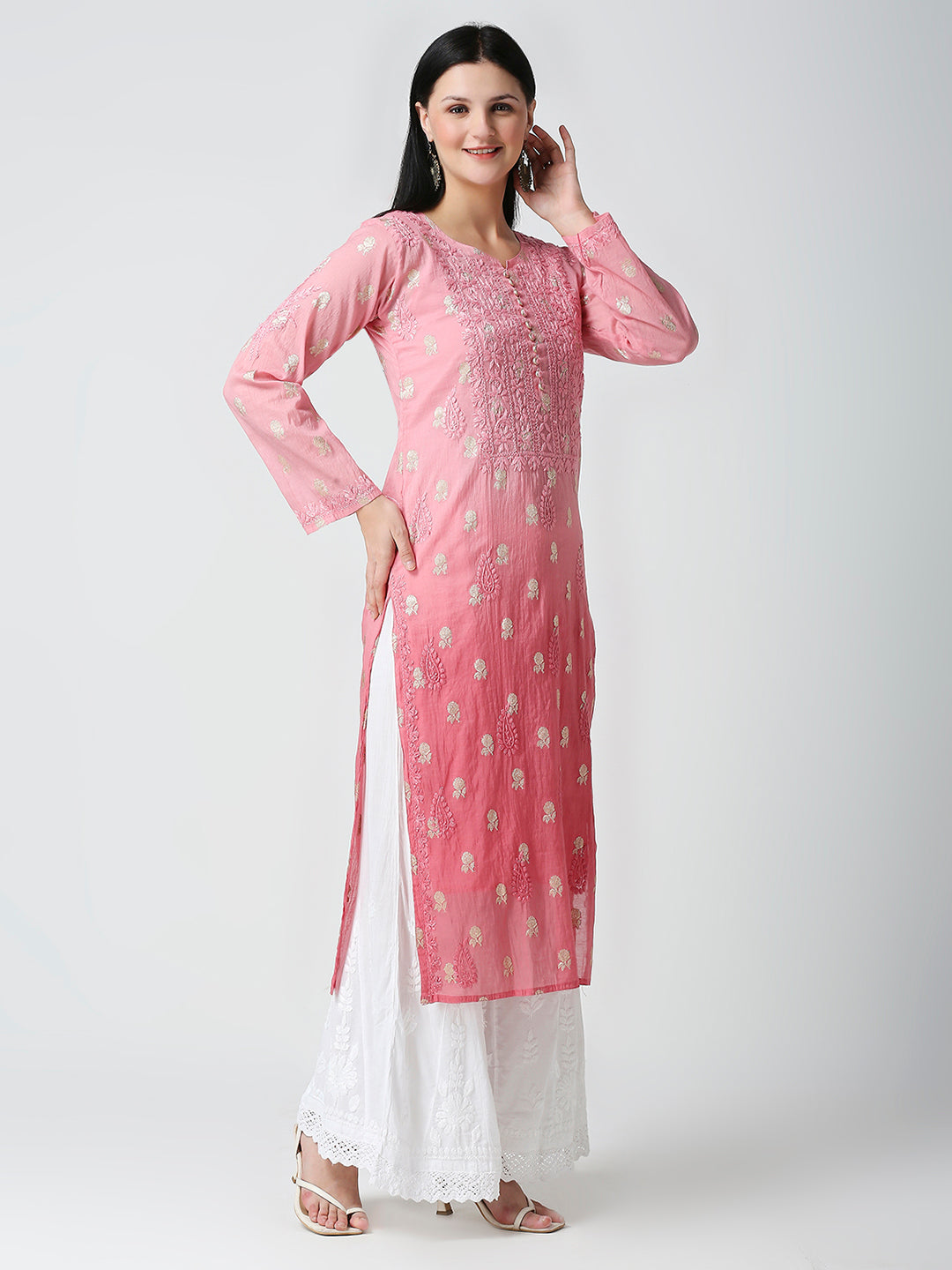 HUMZA CHANDERI CHIKANKARI KURTI WITH BANARASI BUTTI