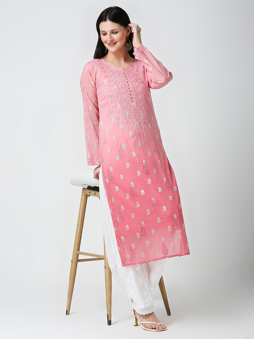 HUMZA CHANDERI CHIKANKARI KURTI WITH BANARASI BUTTI