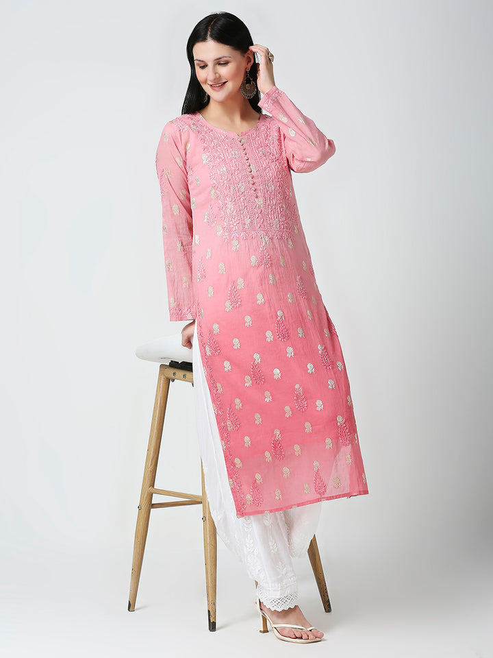 HUMZA CHANDERI CHIKANKARI KURTI WITH BANARASI BUTTI