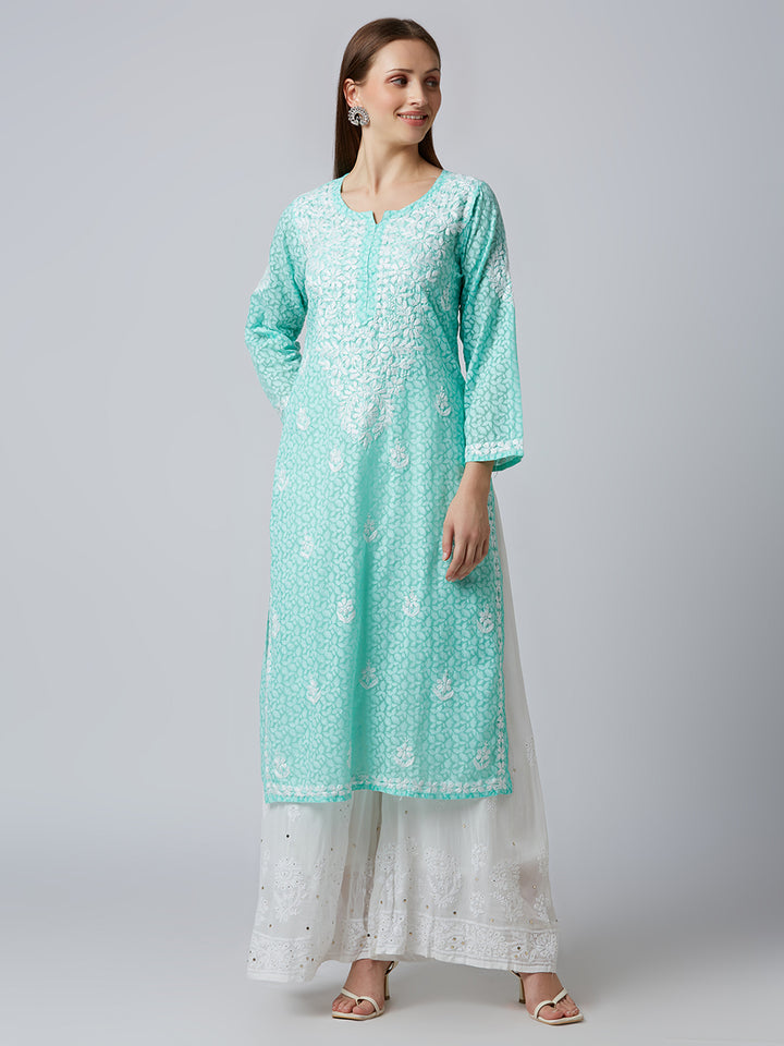 AAINA BRASSO CHIKANKARI LONG KURTI