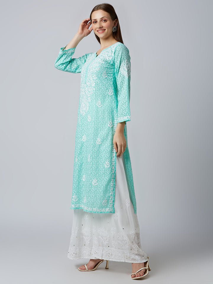 AAINA BRASSO CHIKANKARI LONG KURTI