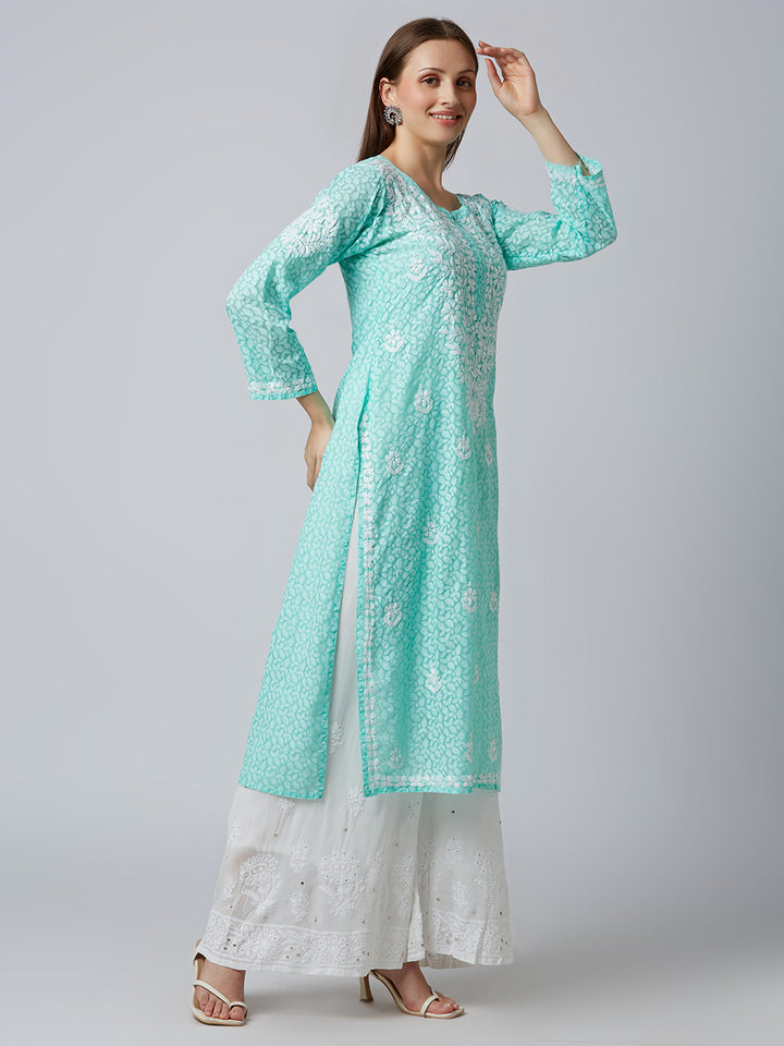 AAINA BRASSO CHIKANKARI LONG KURTI