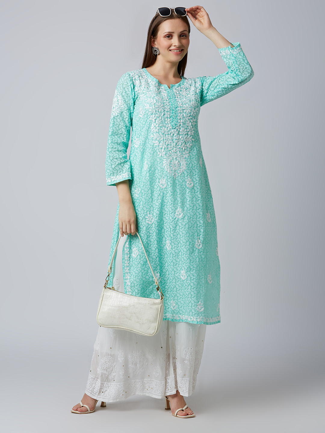 AAINA BRASSO CHIKANKARI LONG KURTI