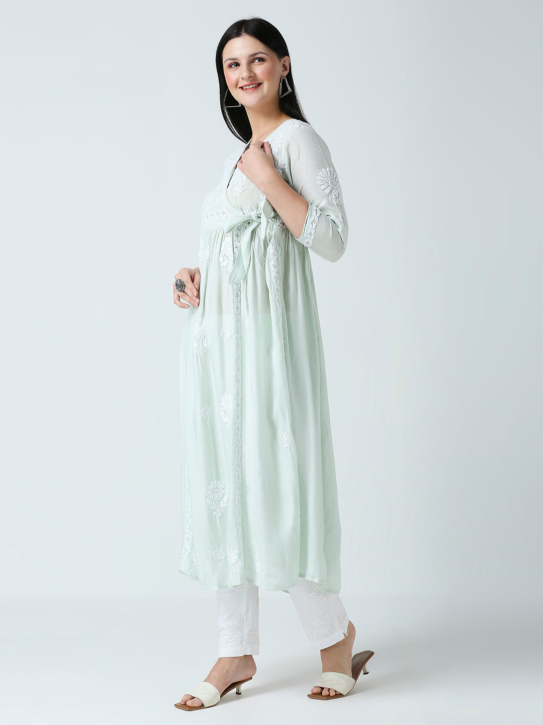 SANA MUSLIN CHIKANKARI ANGARKHA LONG KURTI