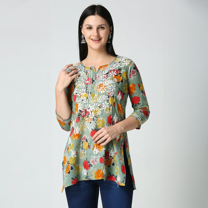 AABROO CHIKANKARI PRINTED MUL COTTON SHORT KURTI