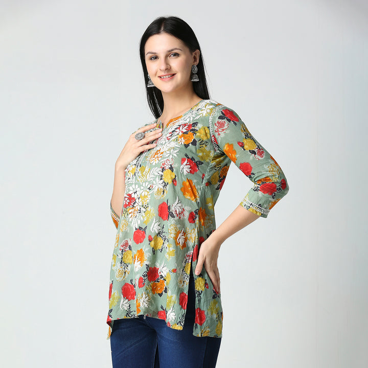 AABROO CHIKANKARI PRINTED MUL COTTON SHORT KURTI