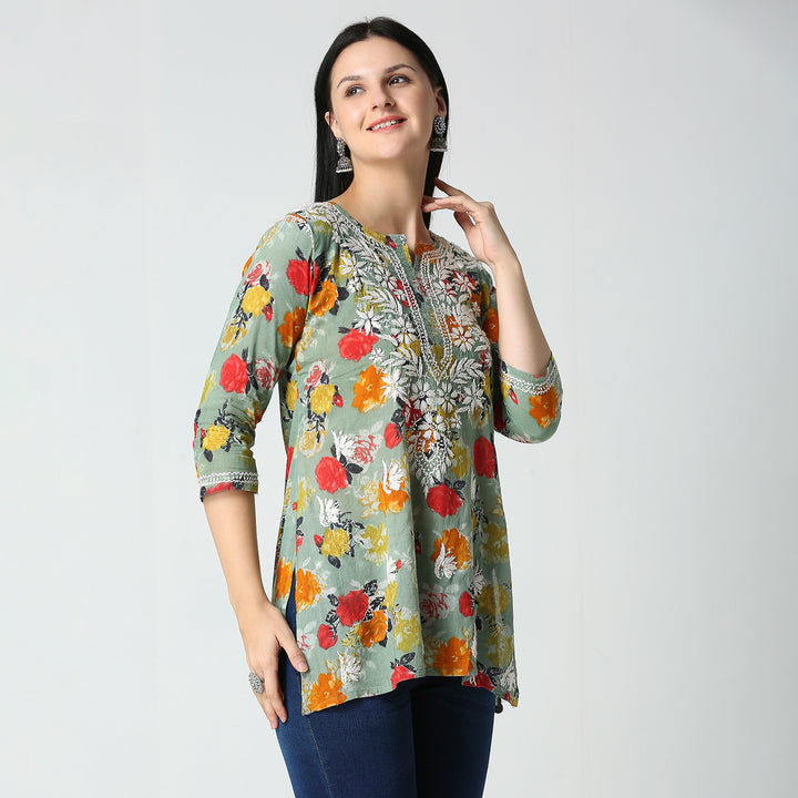 AABROO CHIKANKARI PRINTED MUL COTTON SHORT KURTI