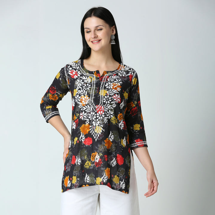 AABROO CHIKANKARI PRINTED MUL COTTON SHORT KURTI