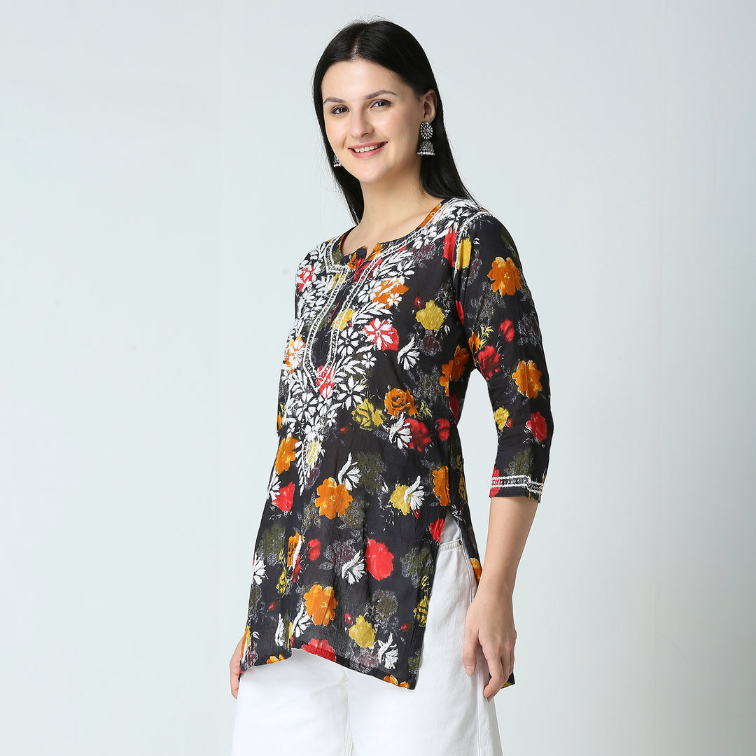 AABROO CHIKANKARI PRINTED MUL COTTON SHORT KURTI