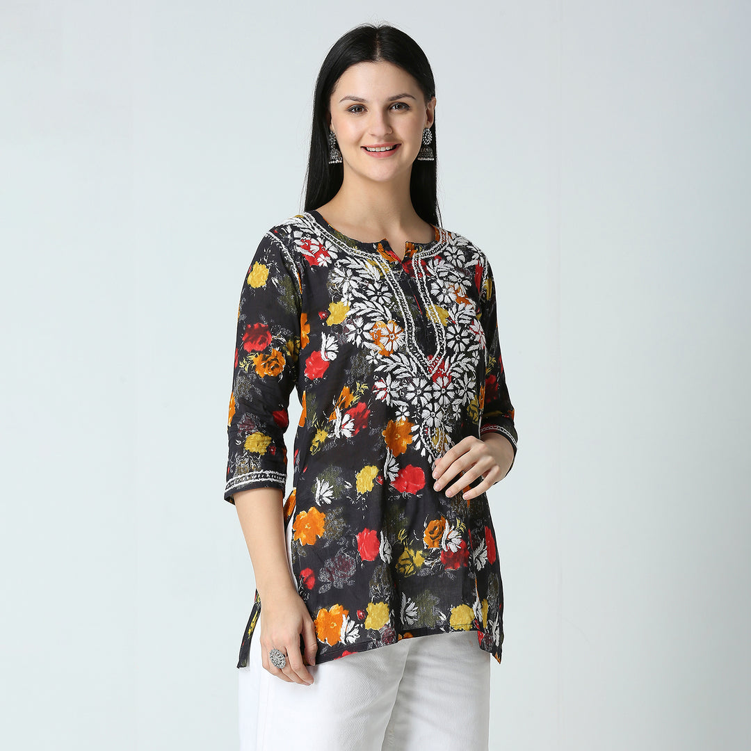 AABROO CHIKANKARI PRINTED MUL COTTON SHORT KURTI