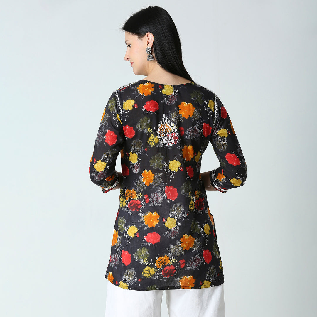 AABROO CHIKANKARI PRINTED MUL COTTON SHORT KURTI