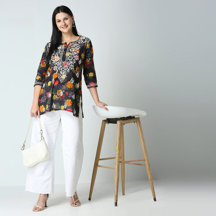 AABROO CHIKANKARI PRINTED MUL COTTON SHORT KURTI