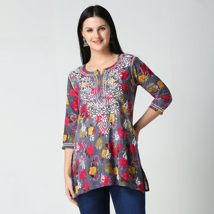 AABROO CHIKANKARI PRINTED MUL COTTON SHORT KURTI