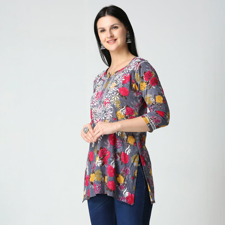 AABROO CHIKANKARI PRINTED MUL COTTON SHORT KURTI