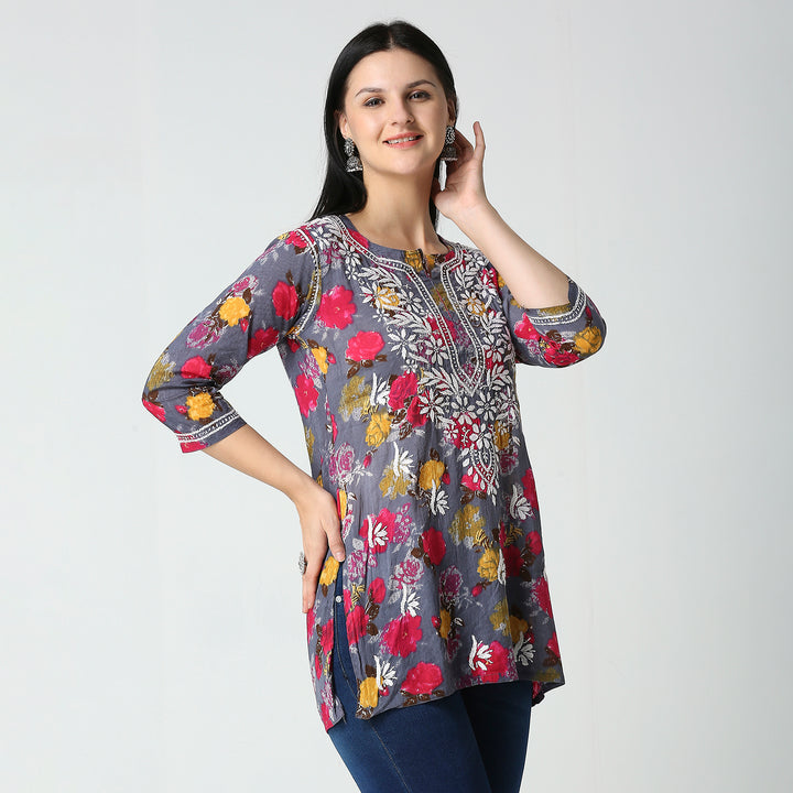 AABROO CHIKANKARI PRINTED MUL COTTON SHORT KURTI