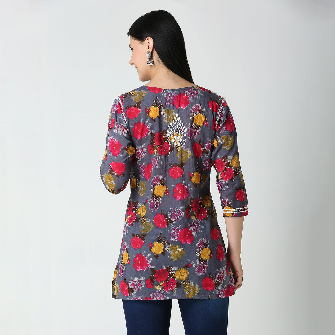 AABROO CHIKANKARI PRINTED MUL COTTON SHORT KURTI