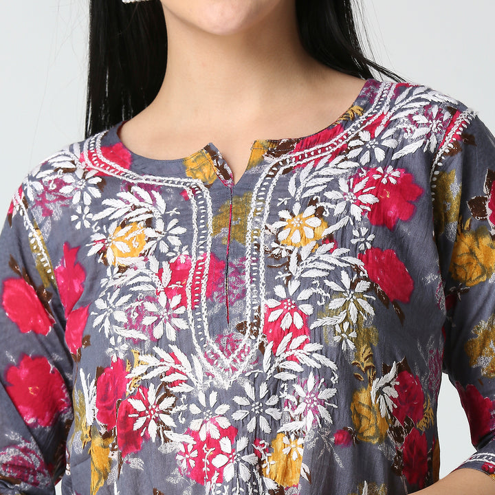 AABROO CHIKANKARI PRINTED MUL COTTON SHORT KURTI