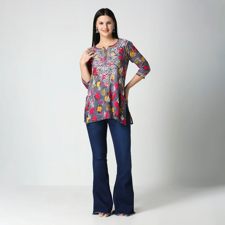 AABROO CHIKANKARI PRINTED MUL COTTON SHORT KURTI