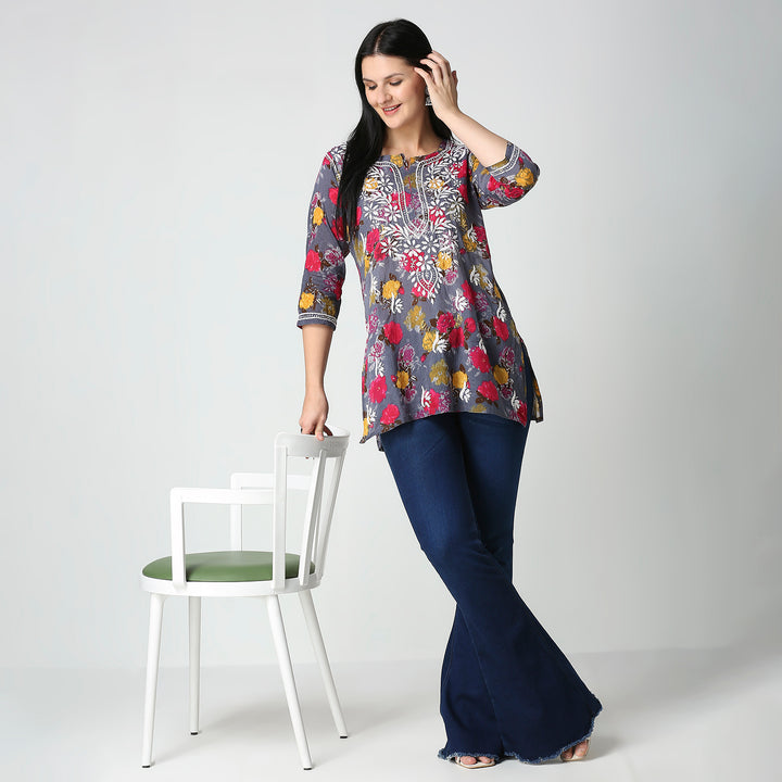 AABROO CHIKANKARI PRINTED MUL COTTON SHORT KURTI