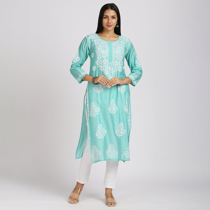 SAKHI CHANDERI CHIKANKARI LONG KURTI