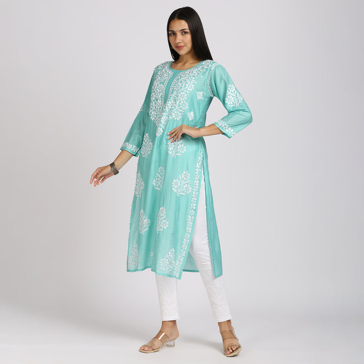 SAKHI CHANDERI CHIKANKARI LONG KURTI