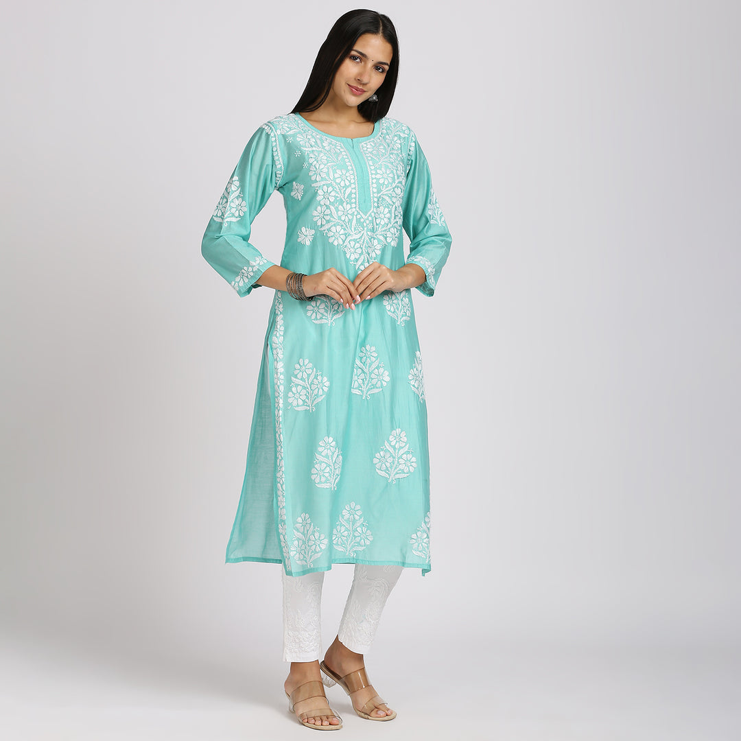 SAKHI CHANDERI CHIKANKARI LONG KURTI